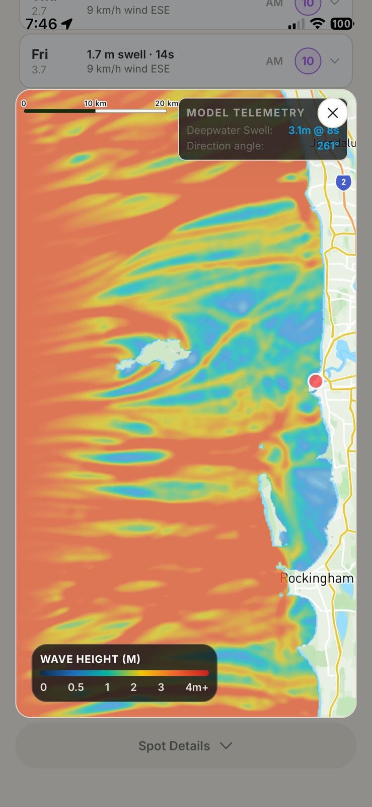 Fathom swell shadow heat map showing wave height across Perth coastline
