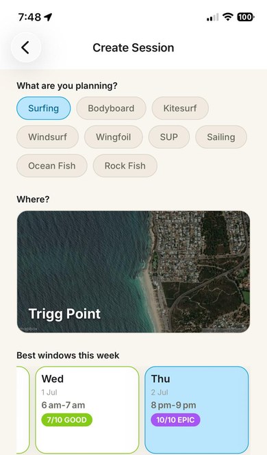 Fathom Create Session screen showing activity selector, Trigg Point map and best windows