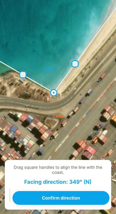 Fathom facing angle editor showing shoreline orientation tool on satellite map